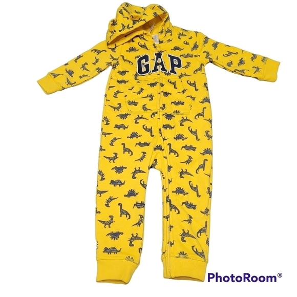 Gap Yellow Full Zip Dinosaur Graphic Hooded One Piece Jumpsuit 18-24 Months - Picture 6 of 6